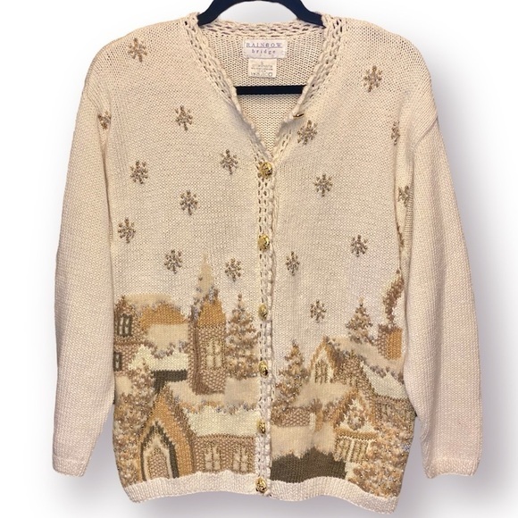 Vintage Sweaters - Vntage Winter Scene Embellished Grandmacore Cardigan Size S